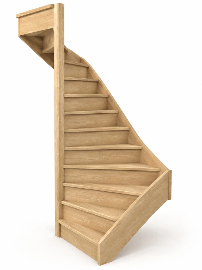 Duidelijke houten trap met zichtbare treden, trapneuzen, stootborden en trapwangen