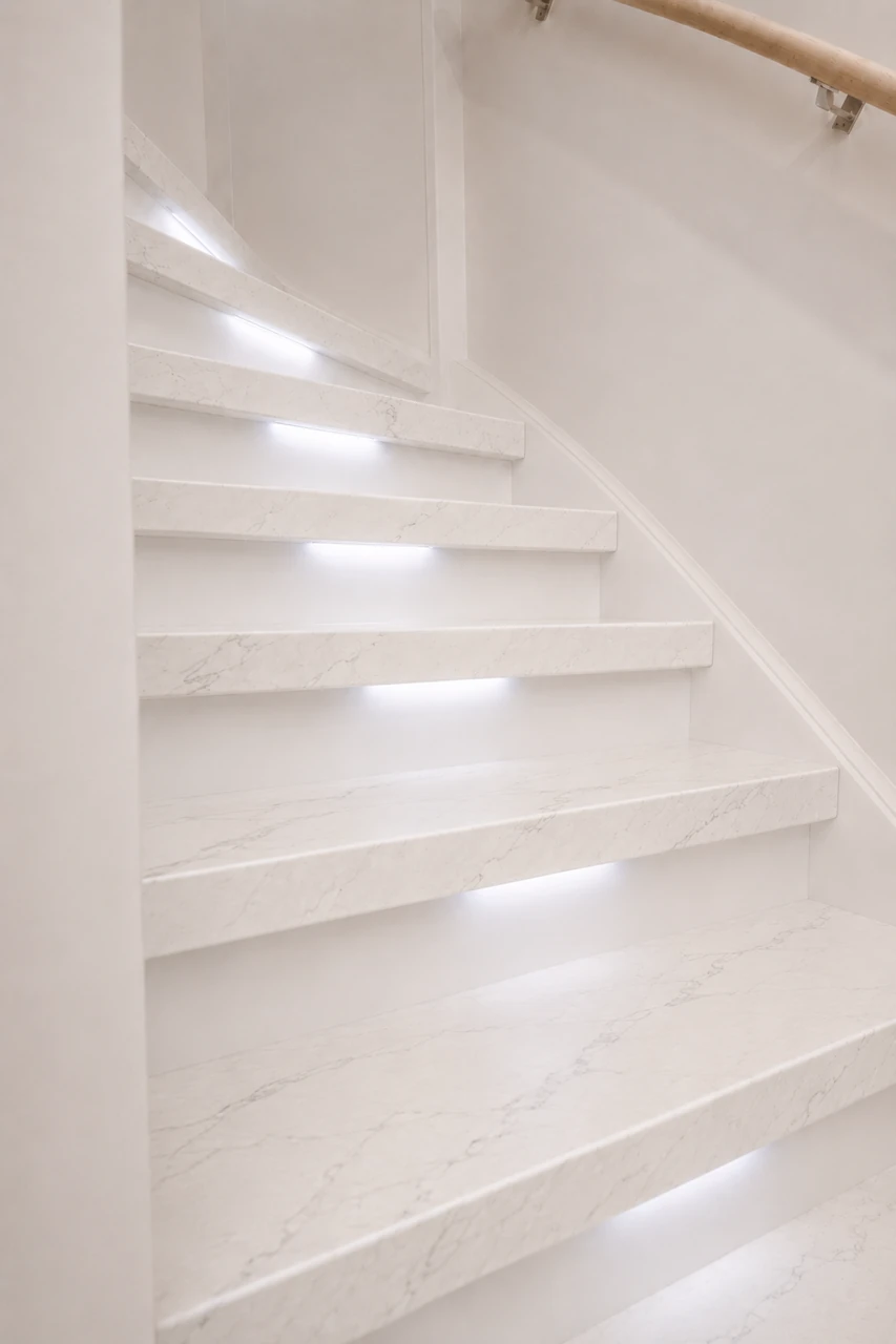 Premium SPC traprenovatie met Marble decor en trapverlichting